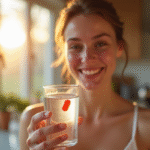 Jeune adulte tenant une vitamine B12 rouge et une eau de source dans une cuisine lumineuse