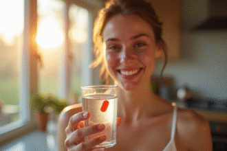 Jeune adulte tenant une vitamine B12 rouge et une eau de source dans une cuisine lumineuse