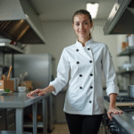 Jeune chef femme en cuisine professionnelle dynamique