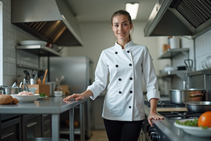Jeune chef femme en cuisine professionnelle dynamique
