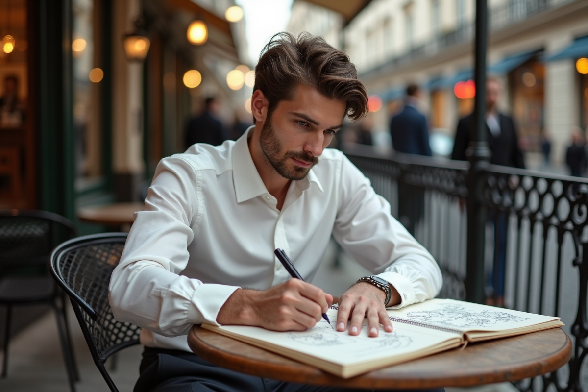 Jeune designer mode esquissant des croquis en terrasse