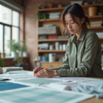 Jeune designer textile moderne examine des échantillons durables