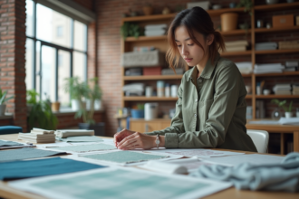 Jeune designer textile moderne examine des échantillons durables