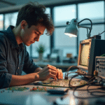 Jeune adulte assemble un circuit dans un laboratoire moderne