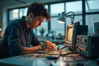 Jeune adulte assemble un circuit dans un laboratoire moderne