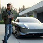 Jeune ingénieur français avec prototype voiture électrique