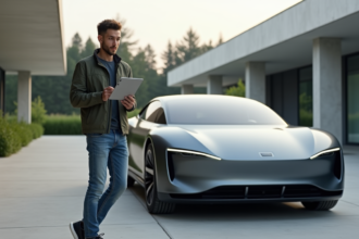 Jeune ingénieur français avec prototype voiture électrique