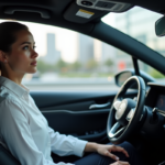 Jeune femme confiante dans une voiture autonome moderne
