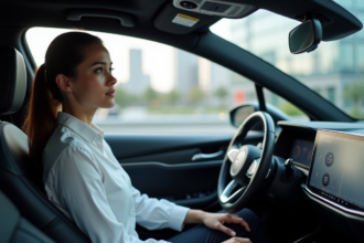 Jeune femme confiante dans une voiture autonome moderne
