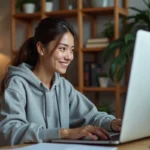 Jeune femme concentrée sur son ordinateur en regardant un webcomic