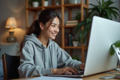 Jeune femme concentrée sur son ordinateur en regardant un webcomic