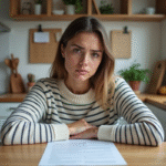 Jeune femme réfléchissant à un contrat de location dans une cuisine moderne