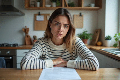 Jeune femme réfléchissant à un contrat de location dans une cuisine moderne