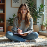 Jeune femme en train de dessiner dans un salon lumineux