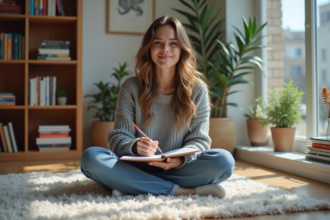 Jeune femme en train de dessiner dans un salon lumineux