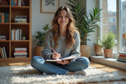 Jeune femme en train de dessiner dans un salon lumineux