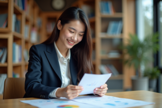 Jeune femme souriante dans une bibliothèque universitaire