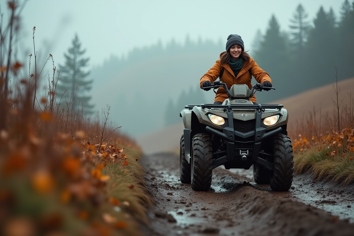 Jeune femme conduisant un quad en trail boueux en automne