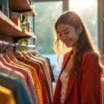 Jeune femme souriante dans une boutique de mode durable