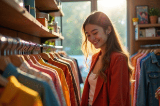 Jeune femme souriante dans une boutique de mode durable