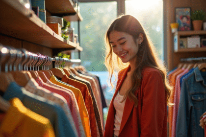 Jeune femme souriante dans une boutique de mode durable