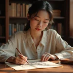 Jeune femme regardant un rouleau zodiac chinois dans un intérieur calme