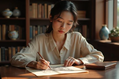 Jeune femme regardant un rouleau zodiac chinois dans un intérieur calme