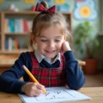 Jeune fille en classe primaire trace des lettres de l alphabet