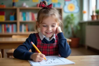Jeune fille en classe primaire trace des lettres de l alphabet
