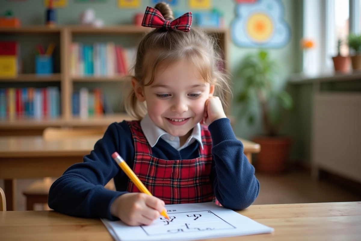 Jeune fille en classe primaire trace des lettres de l alphabet