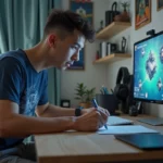 Jeune homme concentré jouant sur tablette dans sa chambre