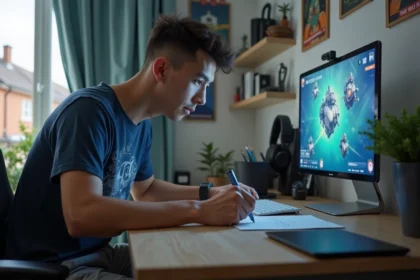 Jeune homme concentré jouant sur tablette dans sa chambre