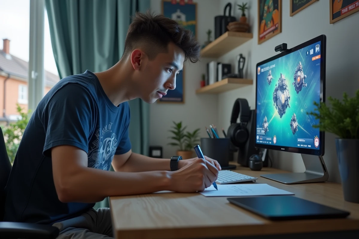 Jeune homme concentré jouant sur tablette dans sa chambre