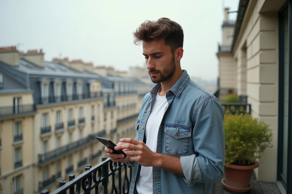 Jeune homme regardant Paris depuis un balcon avec médicament