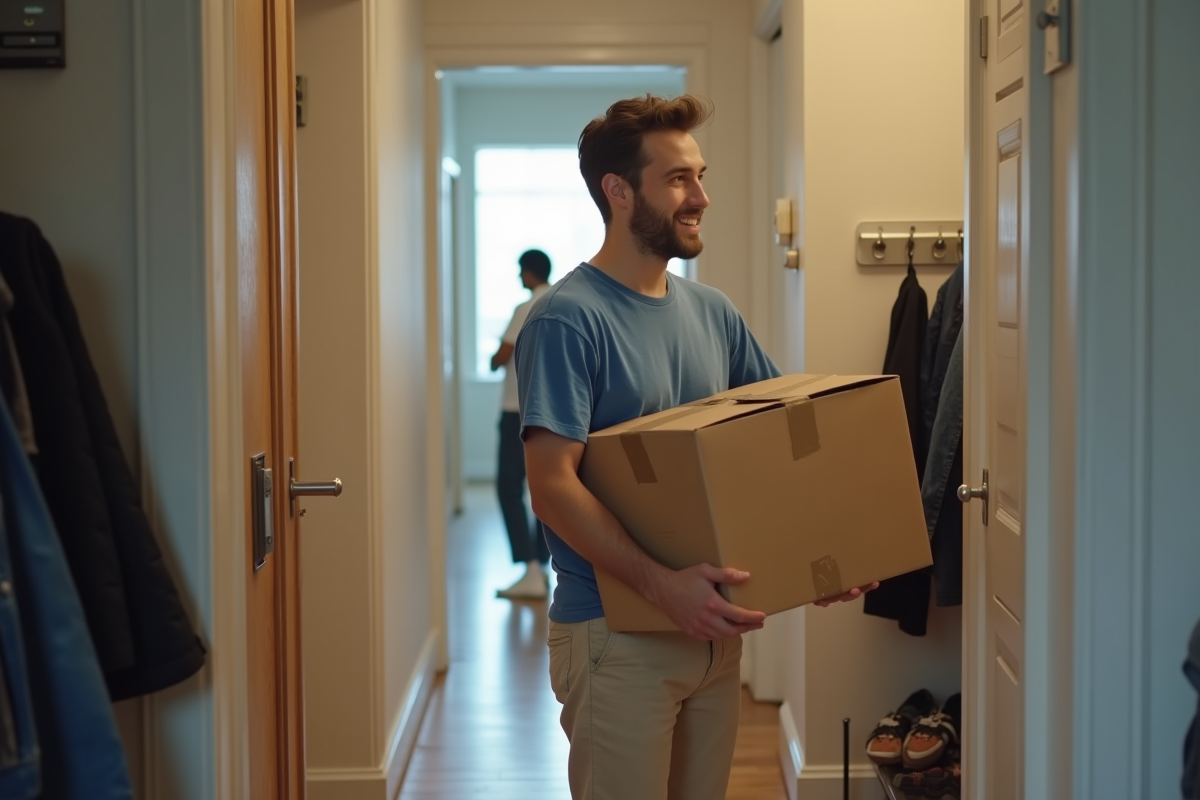 Jeune homme tenant une boîte de déménagement dans un couloir d