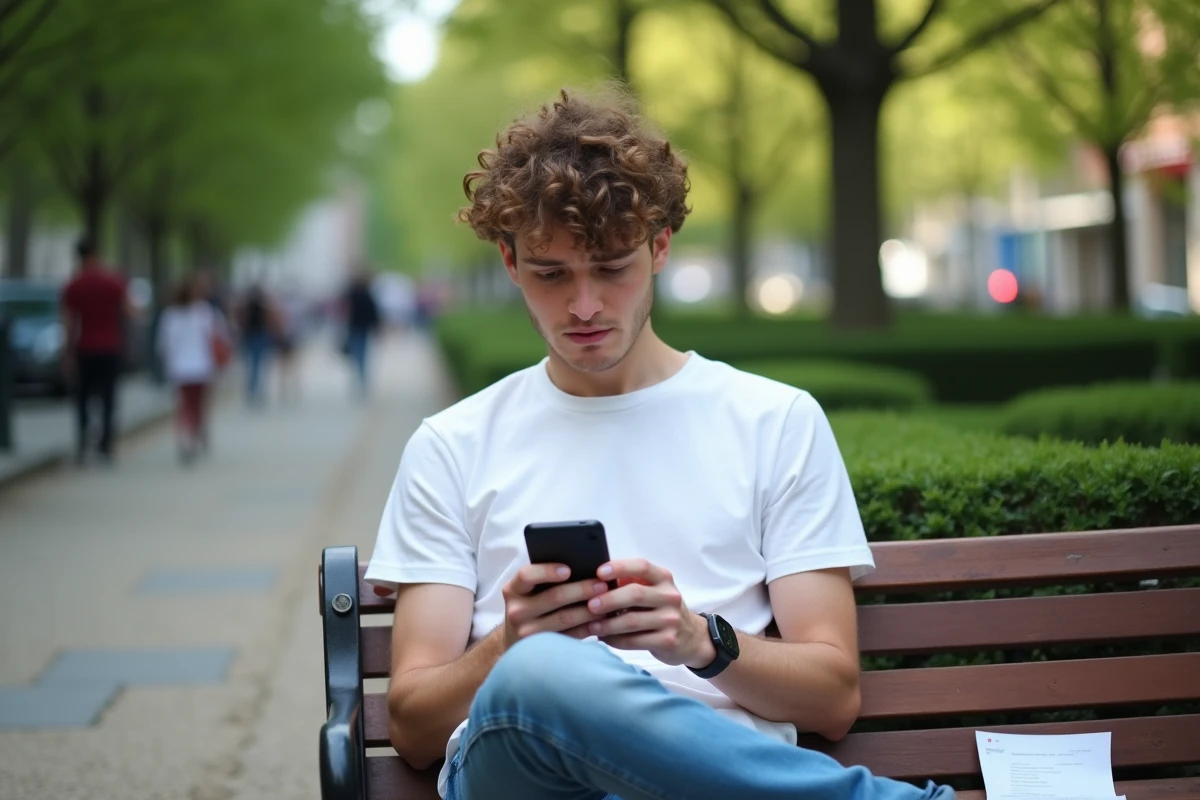 Jeune homme dans un parc vérifiant sa recharge Lycamobile sur smartphone avec un reçu papier à côté