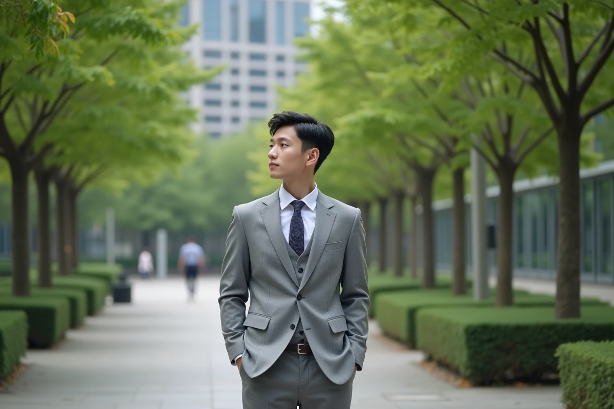 Jeune homme en costume dans un parc urbain calme