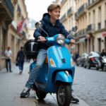 Jeune garçon en jeans et veste assis sur scooter à Paris