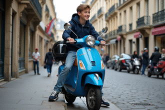 Jeune garçon en jeans et veste assis sur scooter à Paris