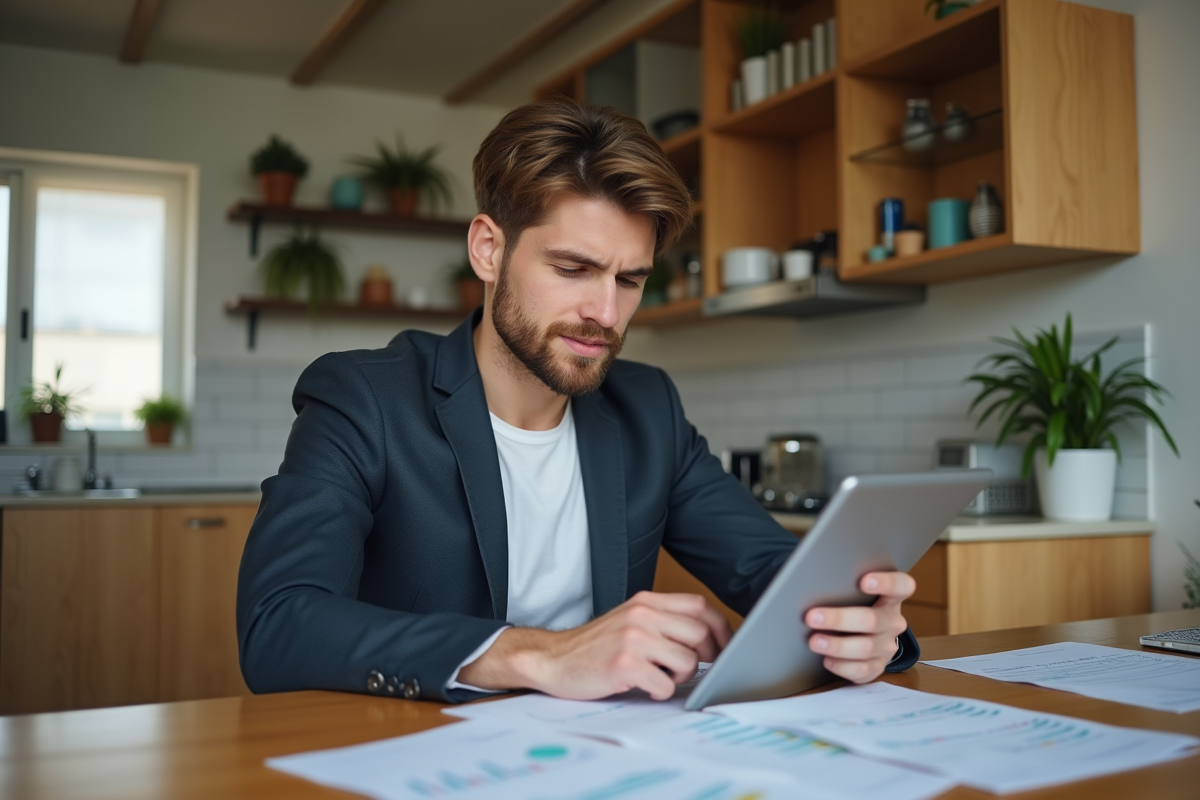 Jeune homme analysant ses finances sur une tablette à la maison