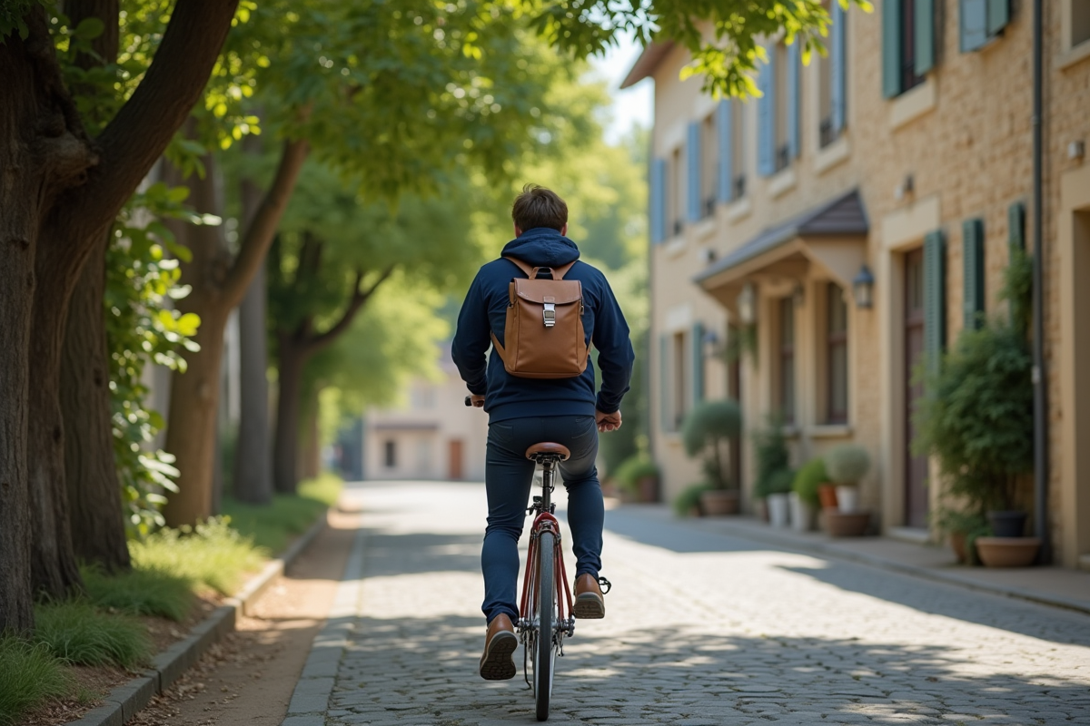 Jeune homme à vélo dans une rue paisible d