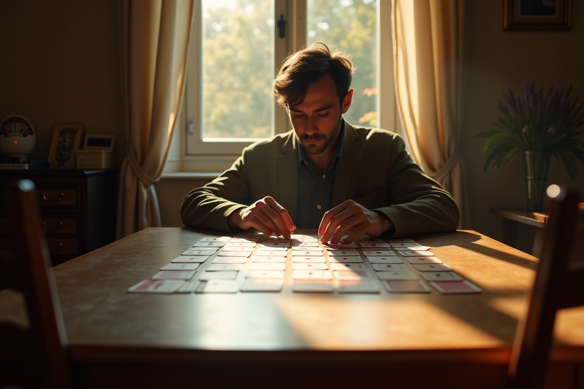 Personne concentrée jouant aux cartes près d'une fenêtre ensoleillée