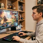 Joueur adulte concentré sur un MMORPG fantasy à son bureau gaming, illustrant la gestion de crise sanitaire dans Dofus
