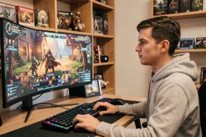 Joueur adulte concentré sur un MMORPG fantasy à son bureau gaming, illustrant la gestion de crise sanitaire dans Dofus