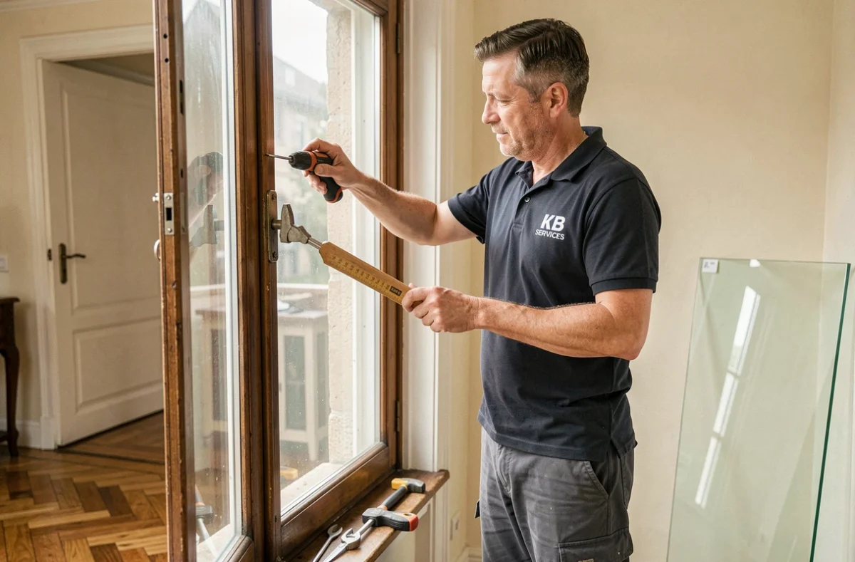 Technicien KB Services remplaçant une vitre dans un appartement traditionnel lyonnais