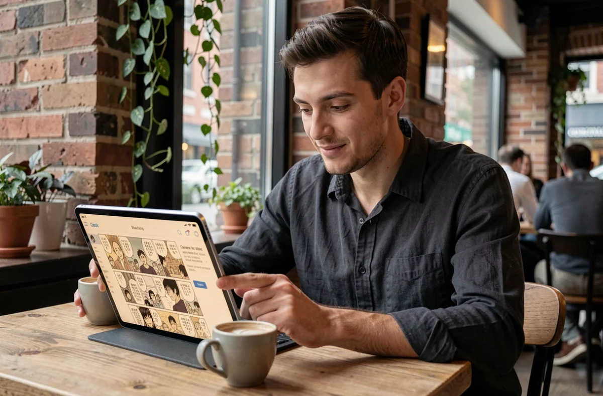 Jeune homme lisant un manga BL sur tablette dans un café urbain moderne, expression concentrée et détendue