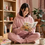 Jeune femme lisant un manga BL dans une chambre cosy au style japonais, entourée de comics et d'une tasse de thé