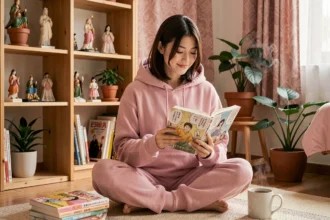 Jeune femme lisant un manga BL dans une chambre cosy au style japonais, entourée de comics et d'une tasse de thé