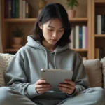 Jeune femme lisant un manga sur tablette dans un salon cosy avec des réglages de lecture optimisés sur Epsilone.scan