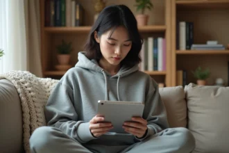 Jeune femme lisant un manga sur tablette dans un salon cosy avec des réglages de lecture optimisés sur Epsilone.scan